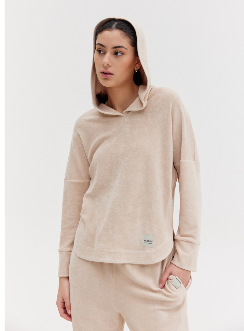 TOWEL V-NECK HOODIE - BEIGE 